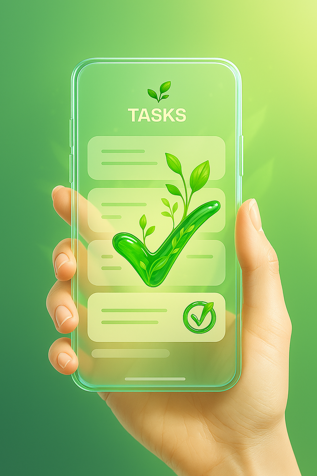 Vibrant green phone UI with checkmark and leaves